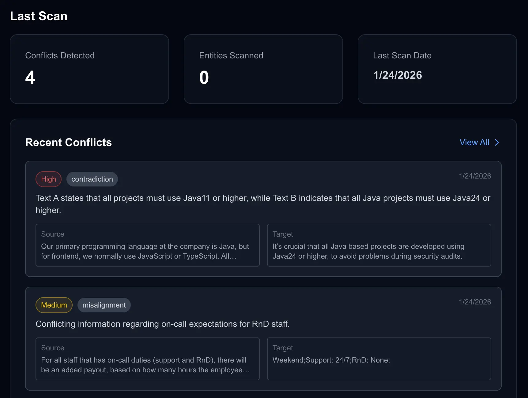 Conflict dashboard showing detected conflicts